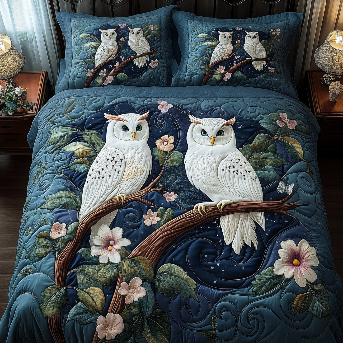 Winter Owl Couple 3-Piece Quilted Bedding Set GFTOAB2301