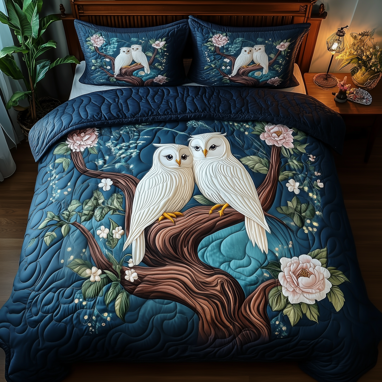 Winter Owl Couple 3-Piece Quilted Bedding Set GFTOAB2303