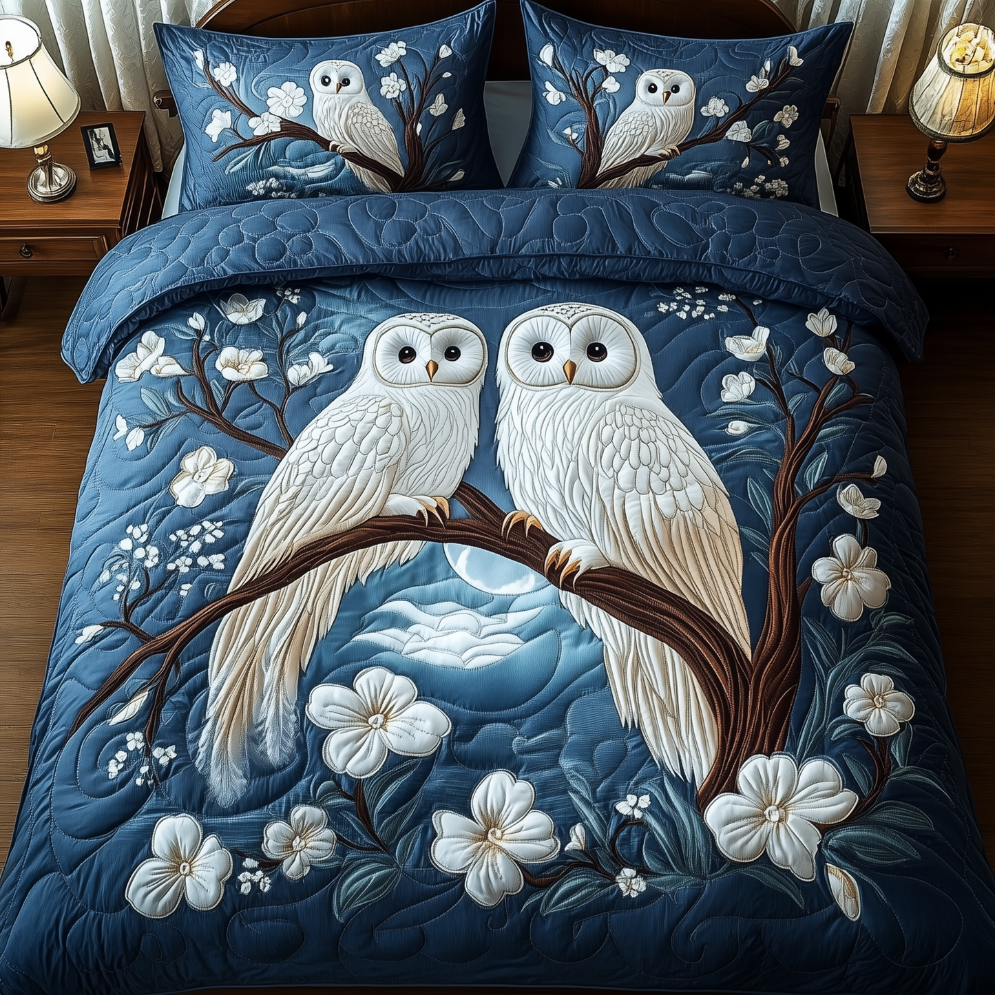 Winter Owl Couple 3-Piece Quilted Bedding Set GFTOAB2307