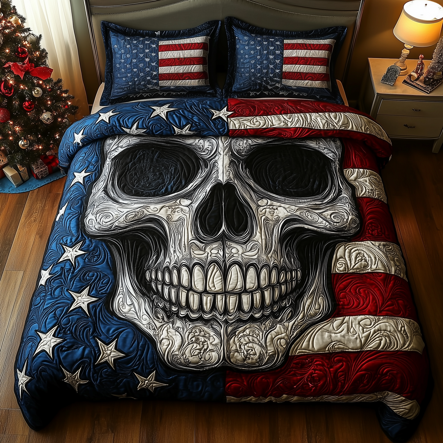 American Pride Skull 3-Piece Quilted Bedding Set GFTOHD1318