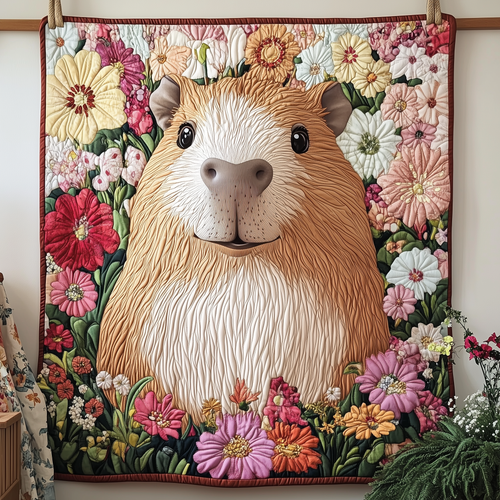 Happy Capybara Floral Quilted Blanket GFTOHD1894