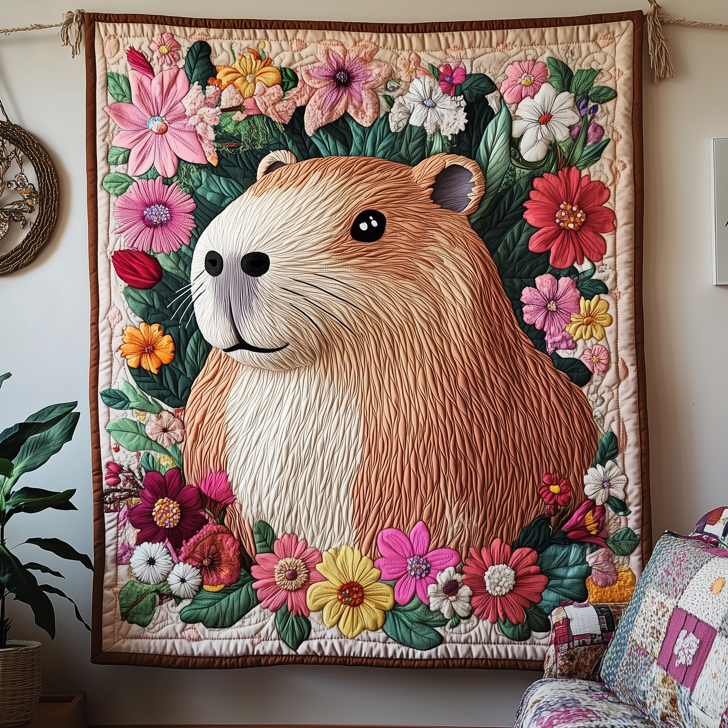 Happy Capybara Floral Quilted Blanket GFTOHD1895