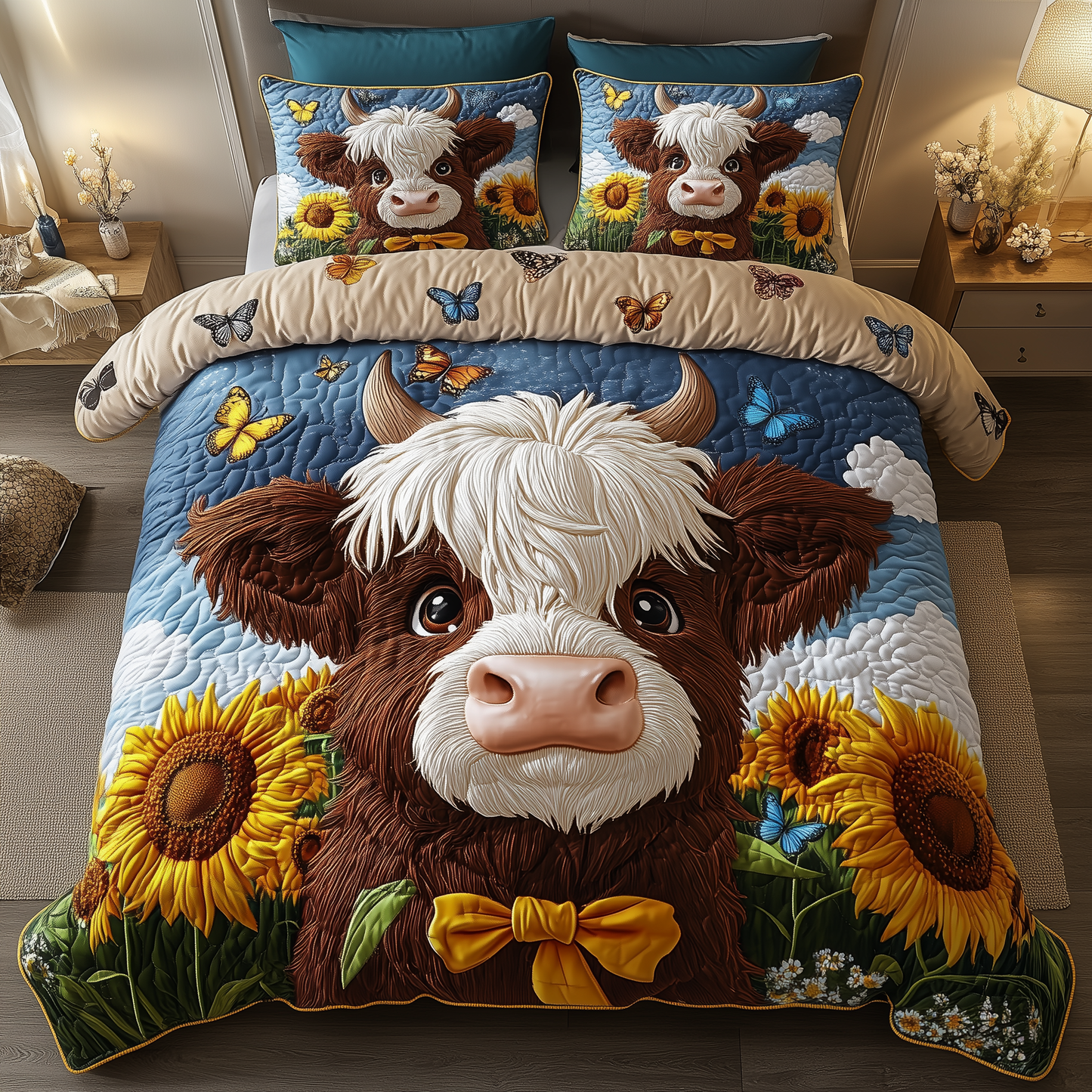 Sunflower Highland Cow 3-Piece Quilted Bedding Set GFTOHD1972