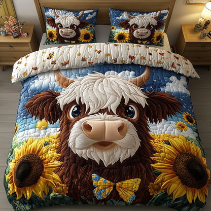 Sunflower Highland Cow 3-Piece Quilted Bedding Set GFTOHD1973