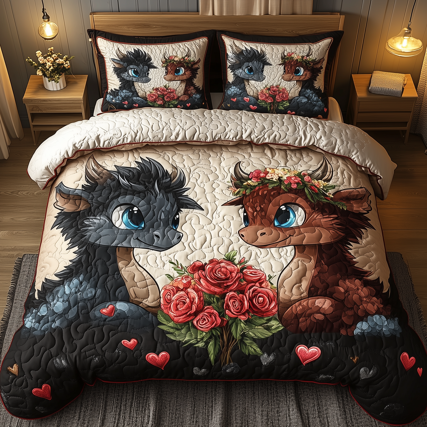 Rosebound Dragon Pair 3-Piece Quilted Bedding Set GFTOHD1990