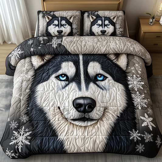 Snowy Siberian Guardian  3-Piece Quilted Bedding Set GFTOHD2002