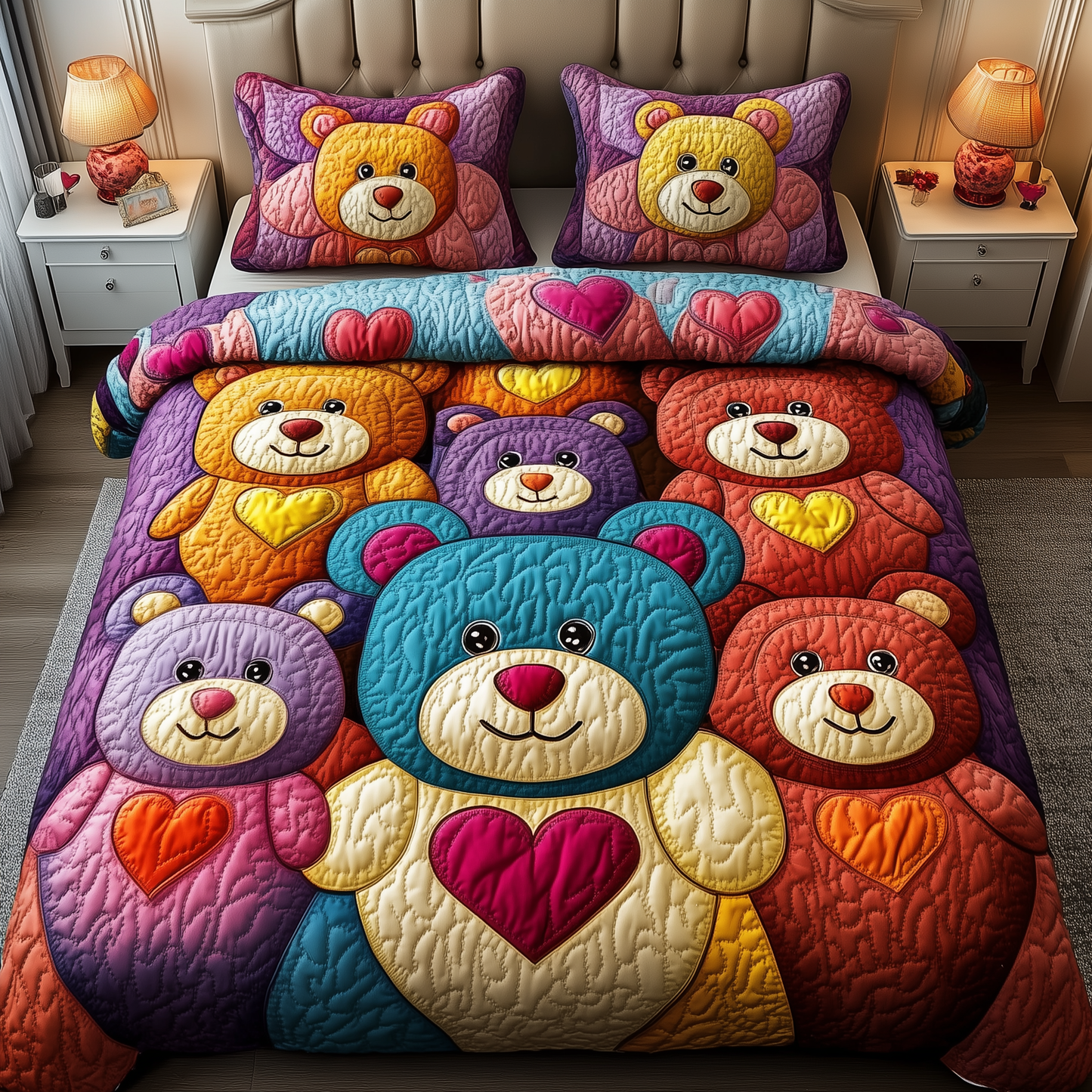 Colorful Bear Charm 3-Piece Quilted Bedding Set GFTONL1950