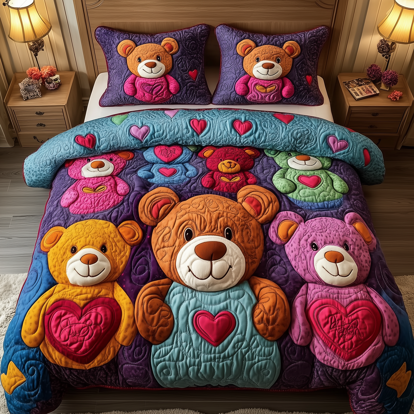 Colorful Bear Charm 3-Piece Quilted Bedding Set GFTONL1951