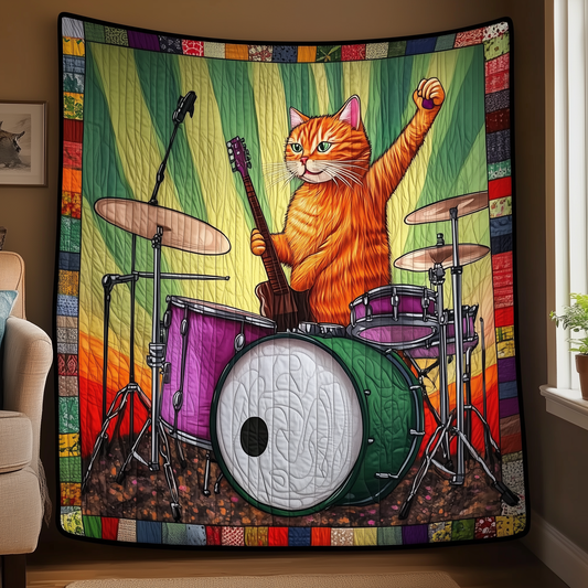 Cat Playing Drums Quilted Blanket GFTOTL878